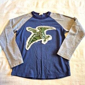 Mini Boden boys dinosaur long sleeve applique blue & gray shirt Guc for age